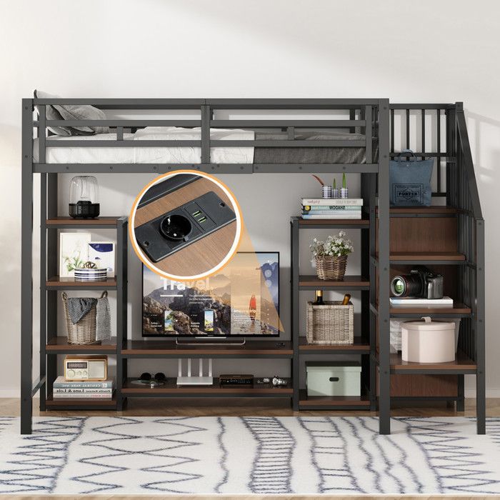 Lit mezzanine multifonctionnel - 90x200 cm - Support TV intégré - Prise intégrée - Échelle sécurisée