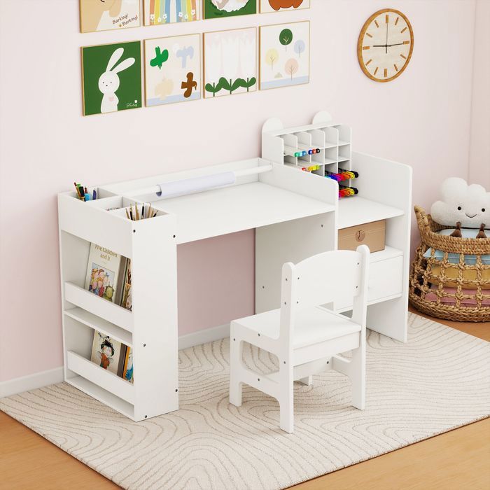 COSTWAY Ensemble Table et Chaises Enfants - Porte-rouleau de Papier Amovible - Tiroir et Bibliothèque de Rangement Multifonctionnel