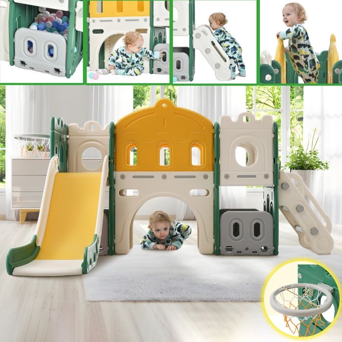 Toboggan 4 En 1 JOROBURO – Avec Panier De Basket, Balançoire à Hauteur Réglable Et Échelle Antidérapante – Intérieur/Extérieur (Rose)