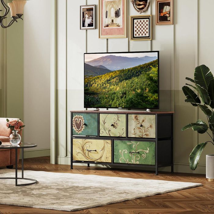 Meuble TV Meuble HI-FI Table TVCommode avec 5 tiroirs de rangement，Convient pour le salon et la chambre100x30x55.2cm