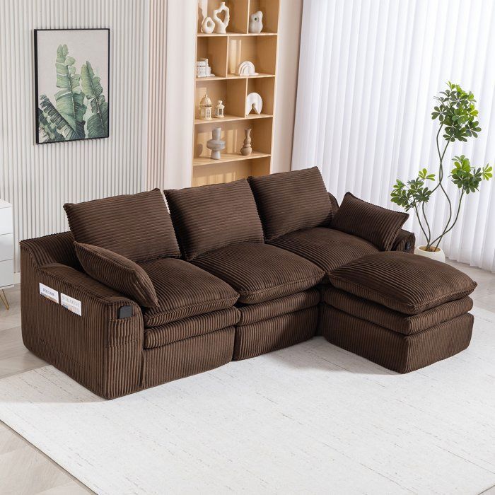 Canape Velours Cotelé 3 Places Convertible avec USB-C et Rangement - 2 Poufs - Poches Latérales Marron