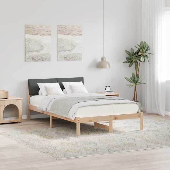 Structure de lit avec tête de lit - UU - 120x200 cm - Marron et gris foncé - Bois massif en pin - Cadre à lattes