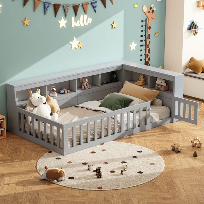Lit combiné enfant - SOGEU - 90x200 - Prises USB & prise électrique - Rangement intégré - Barrière escamotable