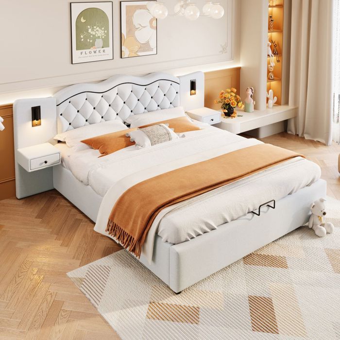 Lit coffre - SOGEU - Lit coffre 180x200 - Mécanisme levage hydraulique - Tissu imitation lin beige - Ports USB & LED