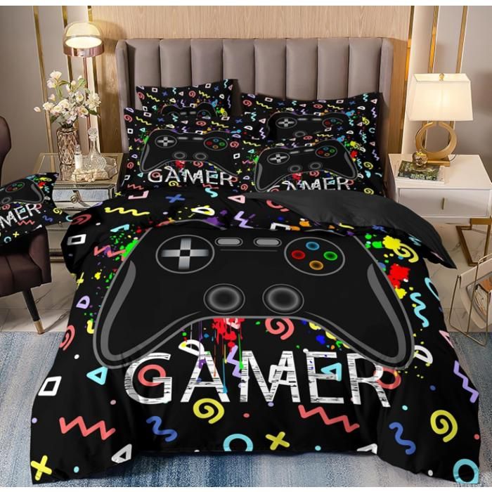 Housse De Couette 90x190cm 3D Gamepad - Parure De Lit Game Controller Avec 2 Taies D'Oreiller 80x80cm