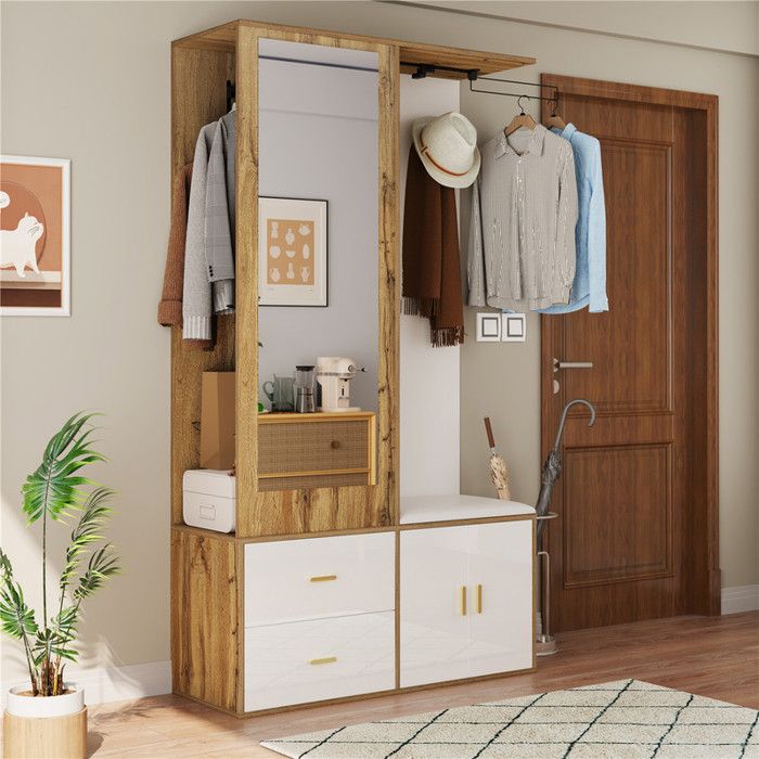 Vestiaire Dentrée avec Banc Capitonné et Miroir Meuble Entree avec Penderie Crochet Portant Extensible Tiroirs Blanc Brillant