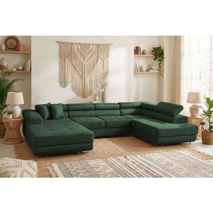 Canapé panoramique 6 places FLAVIO convertible avec 2 coffres en tissu - Vert Canapé panoramique 6 places FLAVIO convertible avec 2 coffres en tissu - Vert
