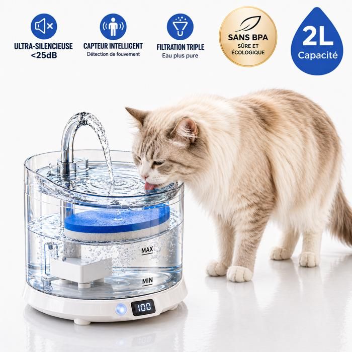 Meilleurs prix pour Fontaine à Eau Chat Chien 2L Améliorée Transparente - Distributeur Automatique Silencieux 2 Modes avec 8 Filtres