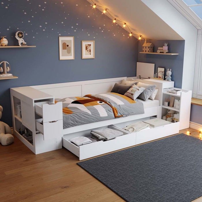 Lit simple coffre - Scandinave - 90x200 cm - Tiroir extra-large 58 cm - Sommier à lattes