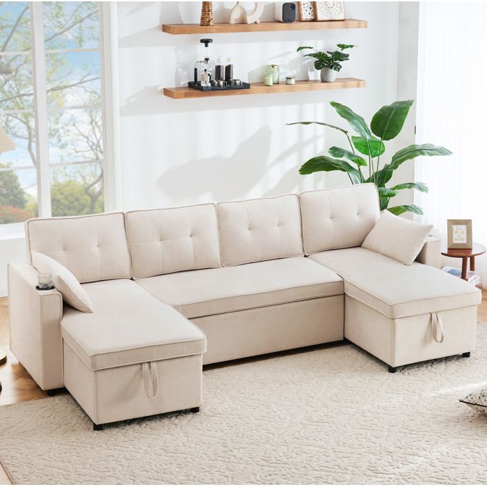 Canapé dangle convertible 4 places avec 2 coussins et 2 porte-gobelets. avec espace de rangement. lin. beige