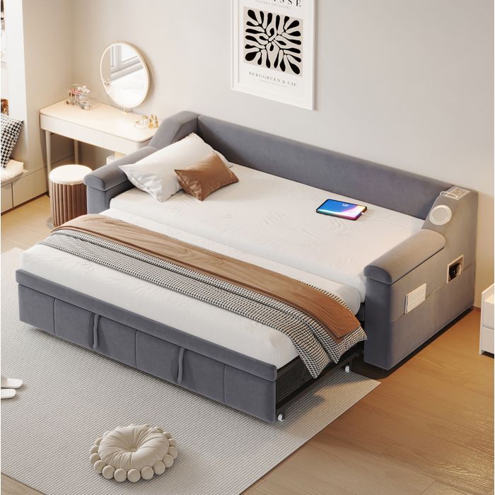 Lit banquette 90/180×190 cm avec Lit gigogne.système denceintes Bluetooth. sommier à lattes. velours. sans matelas.Gris