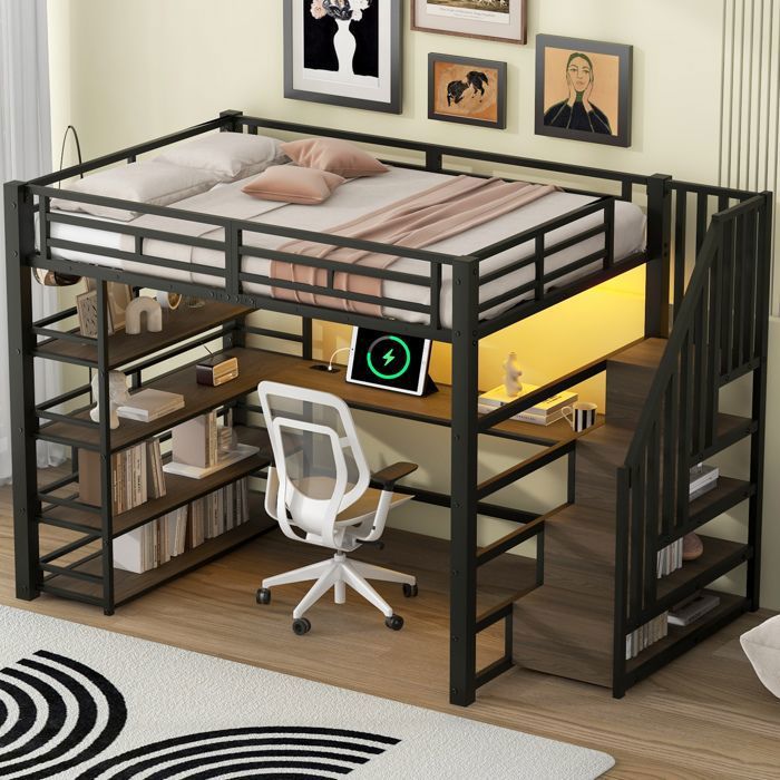 Lit mezzanine enfant adulte 140x200 cm avec bureau rangements escalier USB et LED structure stable en métal noir