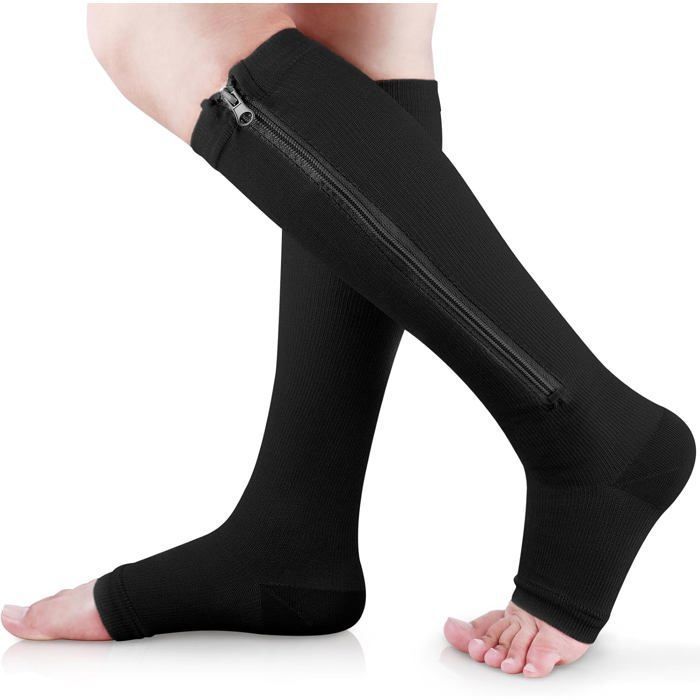 Chaussettes de compression à fermeture éclair 15-20 mmHg pour femmes et hommes pour le soutien des varices (Noir 1 paire)