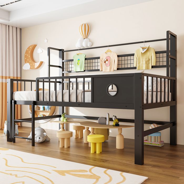 Lit mezzanine enfant - MERAX - Lit mezzanine bas 90x200 - Métal+MDF - Barre de suspension - Étagère filet Lit mezzanine enfant - MERAX - Lit mezzanine bas 90x200 - Métal+MDF - Barre de suspension - Étagère filet