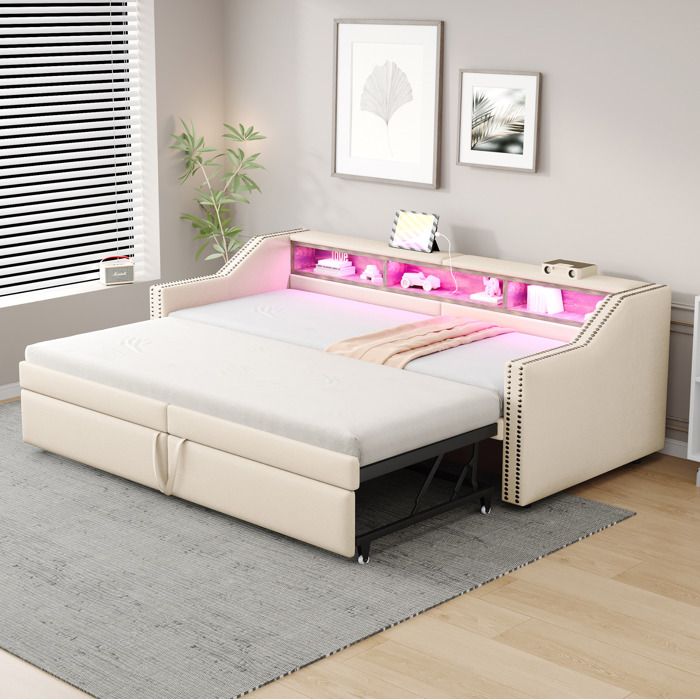 Canapé-lit convertible rembourré avec tiroir gigogne rangements latéraux LED et USB beige
