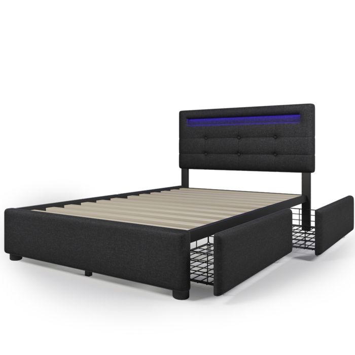 Feuille épaissie Structure de lit Nouveau cadre de lit en matériau écologique avec éclairage LED et 2 tiroirs matelas inclus lit