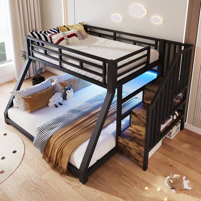 Lit superposé 90/140x200 cm lit enfant avec bande LED lit double compartiment de rangement et escalier certifié en747 métal noir