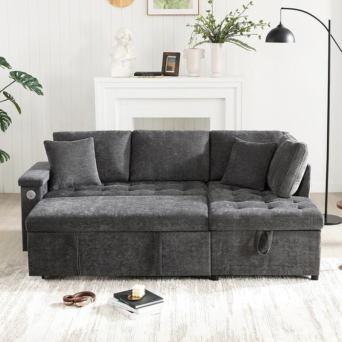 Canapé-lit convertible - MINIMAL - L 209x130x84 cm - Gris foncé - Rangement intégré & chargeur USB - Tablette daccoudoir Canapé-lit convertible - MINIMAL - L 209x130x84 cm - Gris foncé - Rangement intégré & chargeur USB - Tablette daccoudoir