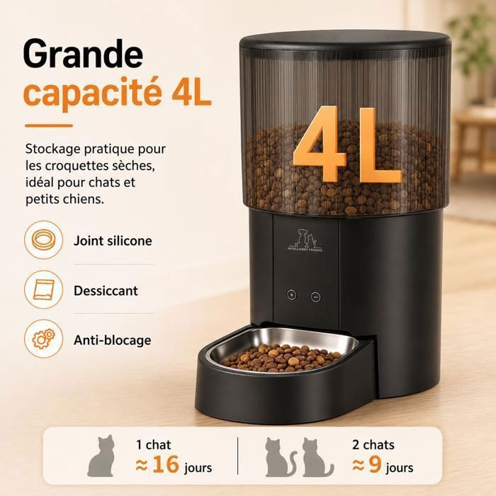 Distributeur Croquettes Chat Automatique 4L Programmable Distributeur Croquette Réservoir Hermétique Pour Chats et Petits Chiens