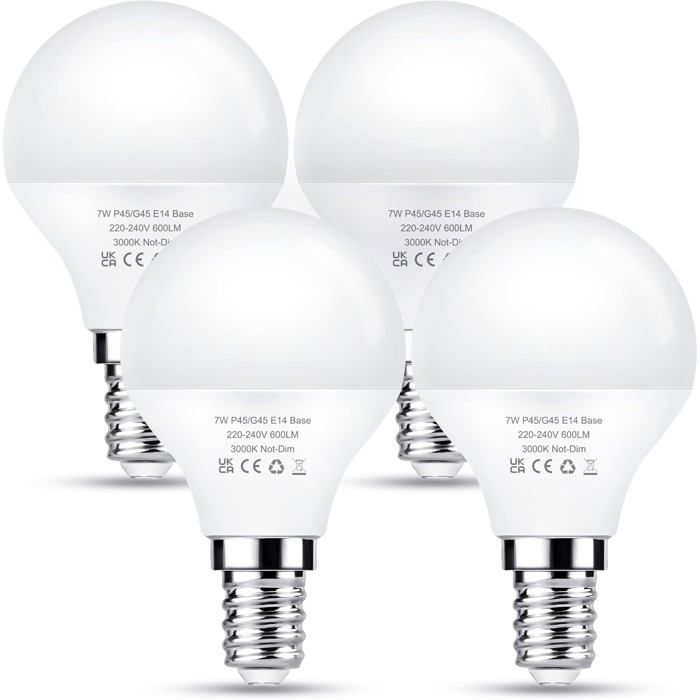 Ampoule LED E14 - LEVYS - 7W - Équivalent 60W - 600 lm - Blanc chaud 3000K - Non dimmable - Lot de 4 - Angle 270°
