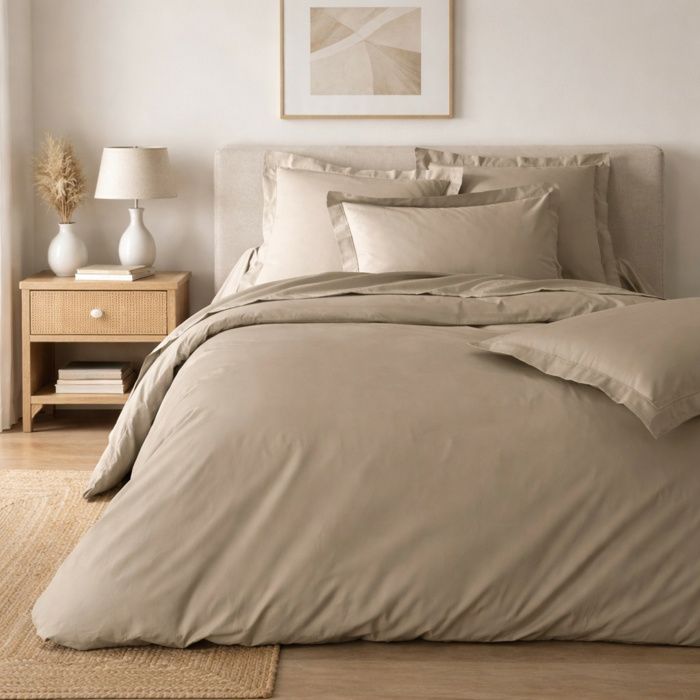 Parure de lit 240 x 220 cm – Percale de coton 78 fils – Sable – Qualité Hôtel – 2 taies 63x63 cm Parure de lit 240 x 220 cm – Percale de coton 78 fils – Sable – Qualité Hôtel – 2 taies 63x63 cm