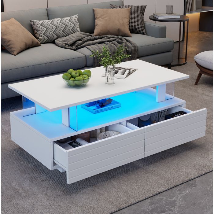 Table basse LED blanche moderne en acrylique avec rangement