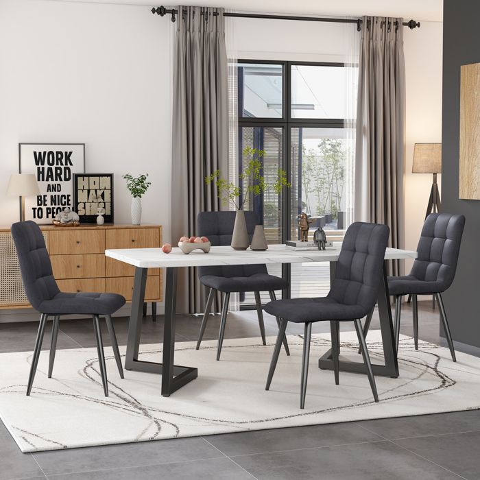 Ensemble table à manger 4 chaises 117x68 cm EVRYAE - format compact plateau rectangulaire effet marbre - Gris