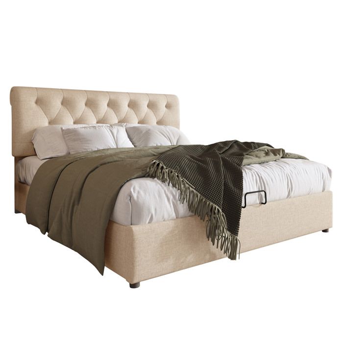 Lit coffre double 160x200 cm avec sommier métallique tête de lit ajustable et matelas style naturel contemporain