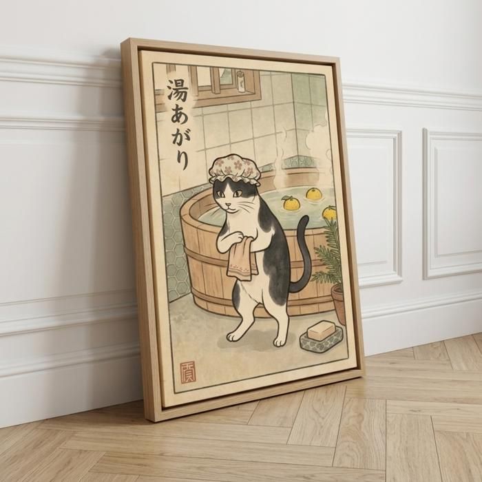 Tableau toile chat japonais onsen vintage illustration -décoration murale avec cadre flottant bois