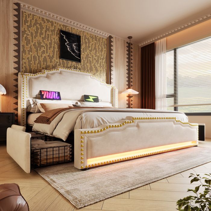 Lit coffre rembourré 180x200 cm avec rangement 4 tiroirs LED USB-C sommier à lattes velours beige sans matelas