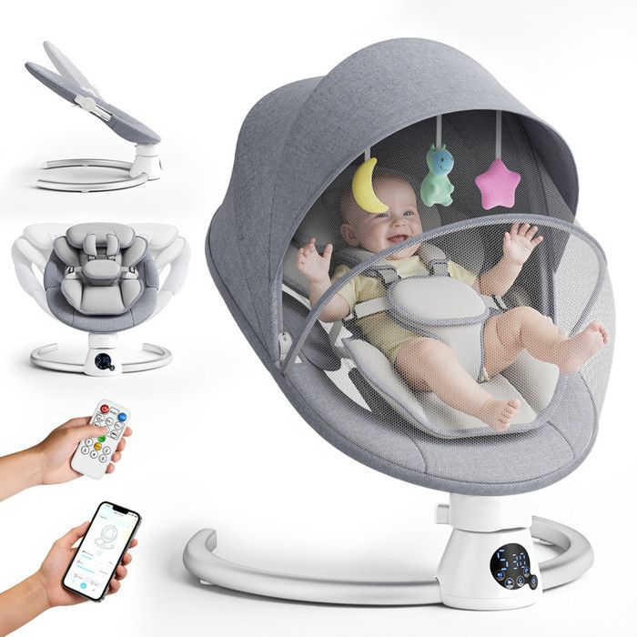 Transat Bébé Électrique avec Dossier Réglable sur 2 Niveaux–Application et Télécommande Balançoire Électrique pour Bébé