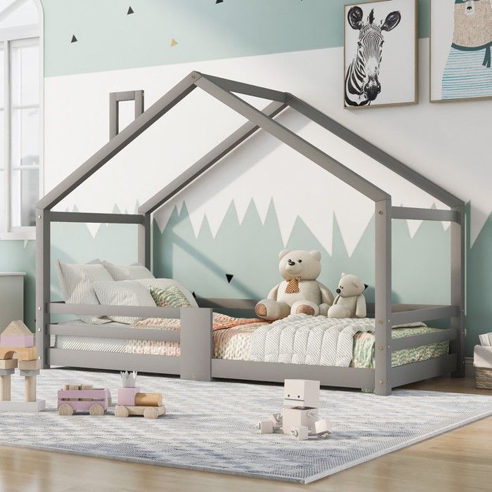 Lit Cabane Enfant 90x200cm Cheminée Bois de Pin Naturel Barrières Sécurité Peinture à Leau Inodore Sommier Robuste Gris