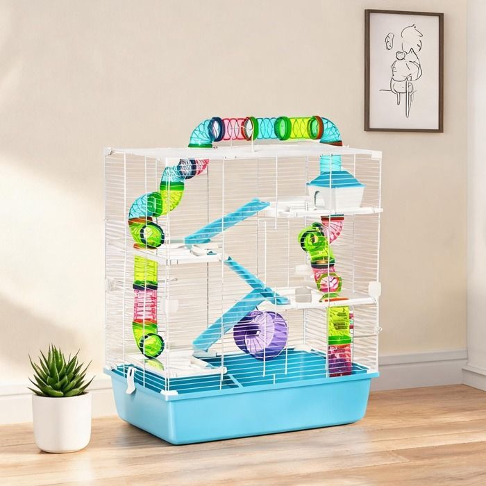 Cage pour rongeurs à 5 niveaux avec rampe et roue structure métal et bac plastique bleu clair 59 x 36 x 69 cm