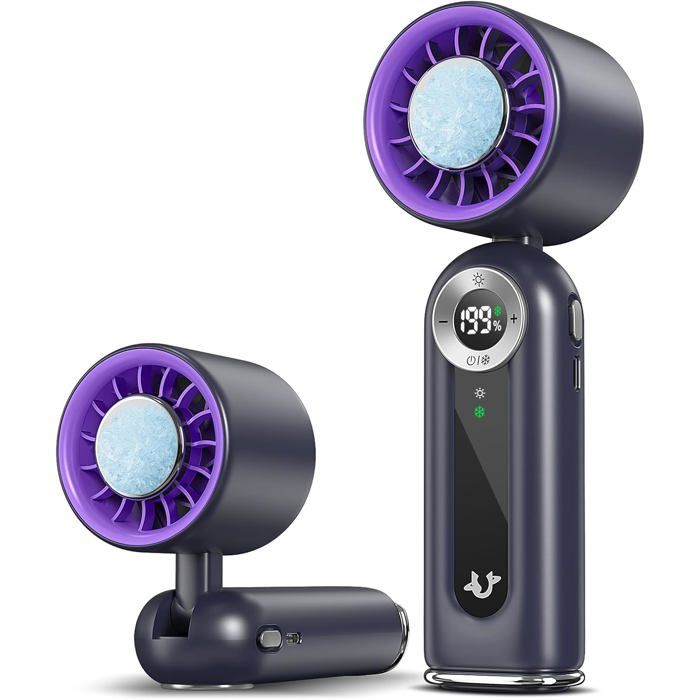 Mini-ventilateur portable rafraîchissant rechargeable avec écran LED et éclairage idéal pour le bureau et la maison gris