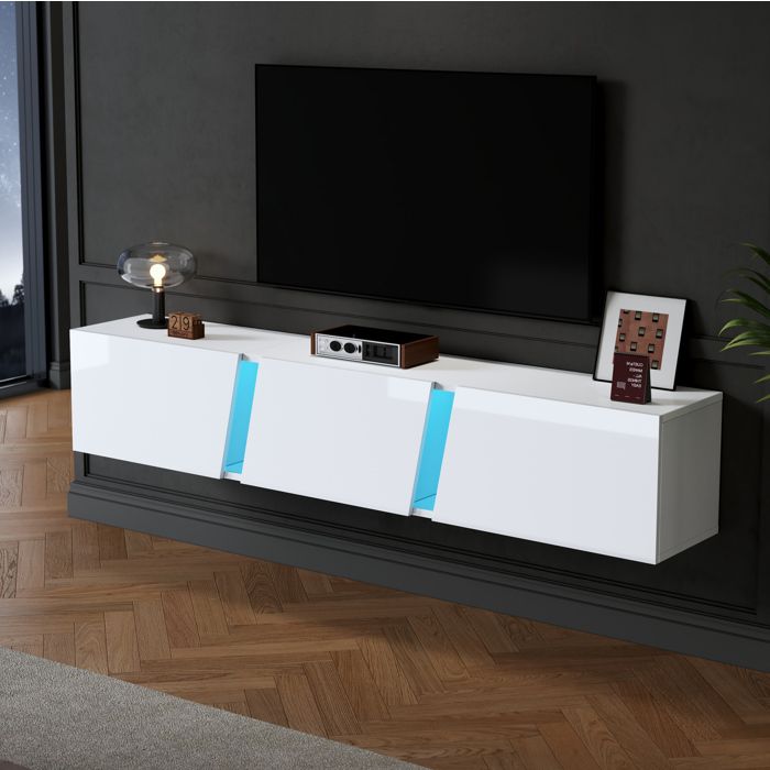 MEULVA Meuble TV mural suspendu 180 x 35 x 30 cm LED avec contrôle par application 3 portes blanc brillant