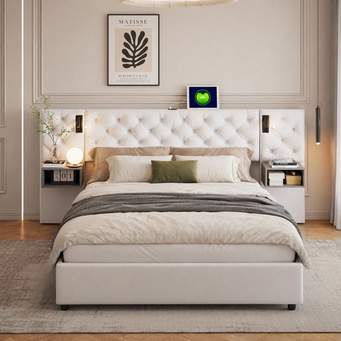 Lit Coffre 140x200cm avec Sommier LED et Charge USB Tête de Lit Rembourré avec 2 Tables de Nuit Cadre de lit 140x200 en Velours