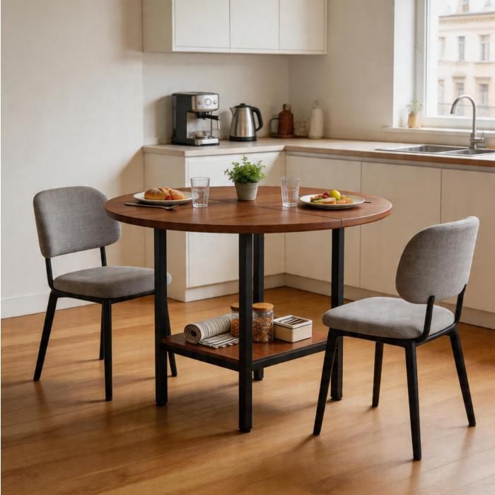 Table à manger ronde 100 cm avec étagère aspect noyer et métal noir 4 à 6 personnes