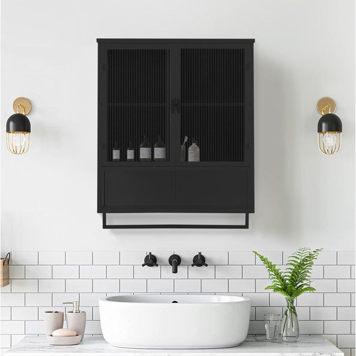 Armoire Murale de Salle de Bain avec 2 Portes Étagère Ouverte et Porte-serviettes en Métal et Verre 60×23×78 cm Noir