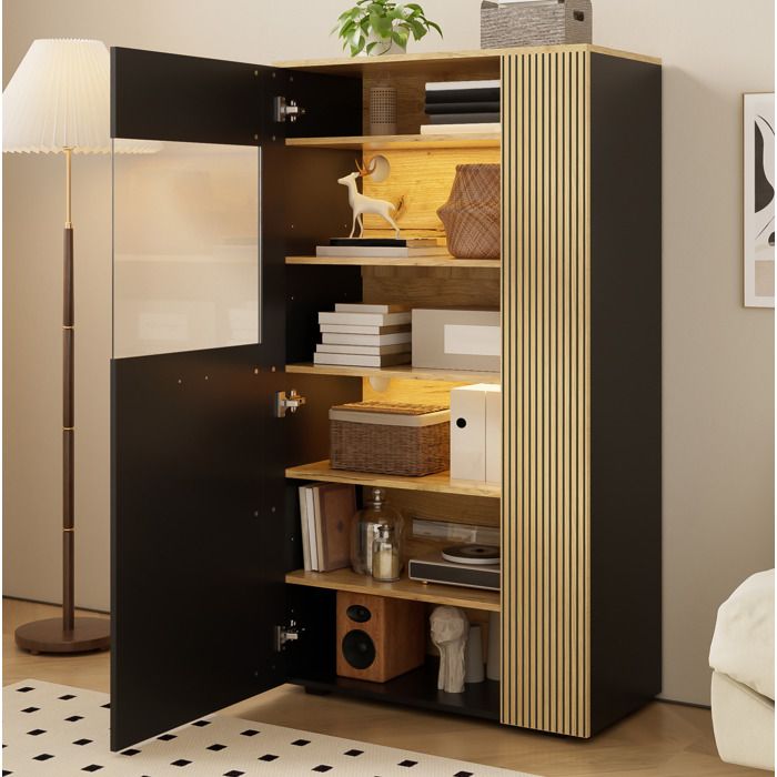 Vitrine 1 Porte Vitrée 5 Étagères dont 2 Réglables LED 16 Couleurs - HAVRYA - Salon Noir et Bois 80×40×146 cm