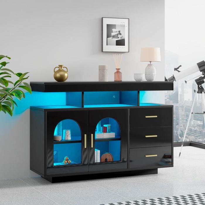 Meuble buffet / Sideboard - KOMHTOM - 120x40x80 cm - LED RGB 16 couleurs (app) - 3 tiroirs 2 portes - Noir brillant Meuble buffet / Sideboard - KOMHTOM - 120x40x80 cm - LED RGB 16 couleurs (app) - 3 tiroirs 2 portes - Noir brillant