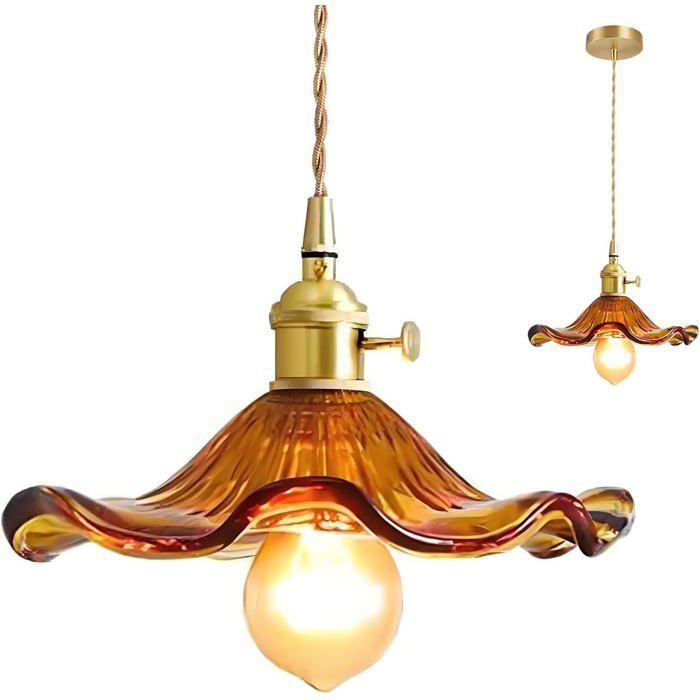 Lampe à suspension en verre vert Douille en laiton doré avec interrupteur plafonnier suspendu pour îlot de cuisine (Ambre) LUSTRE