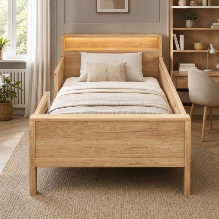 Lit en bois 90 x 200 cm prise combinée USB et RCA petite lampe LED tête de lit avec rangement lit enfant lit simple