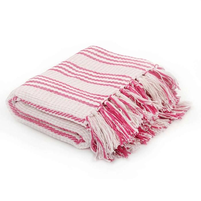 Plaid Coton à Rayures 220 x 250 cm Rose et Blanc – Couverture Douce avec Franges