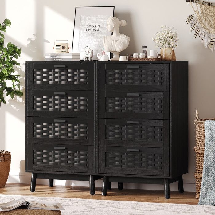 Commode 4 Tiroirs effet Rotin PVC - 55x40x95cm - Meuble de Rangement en Bois - Pieds Bois - Noir