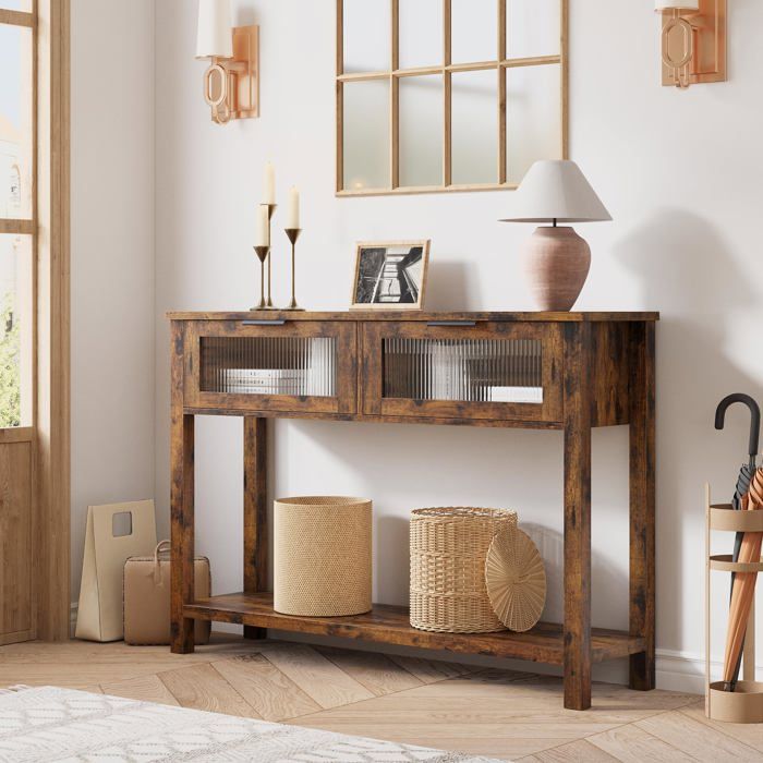 Koioplie Table console bois 110 cm avec 2 tiroirs vitrés et étagère inférieure table dentrée élégante pour salon couloir Retro