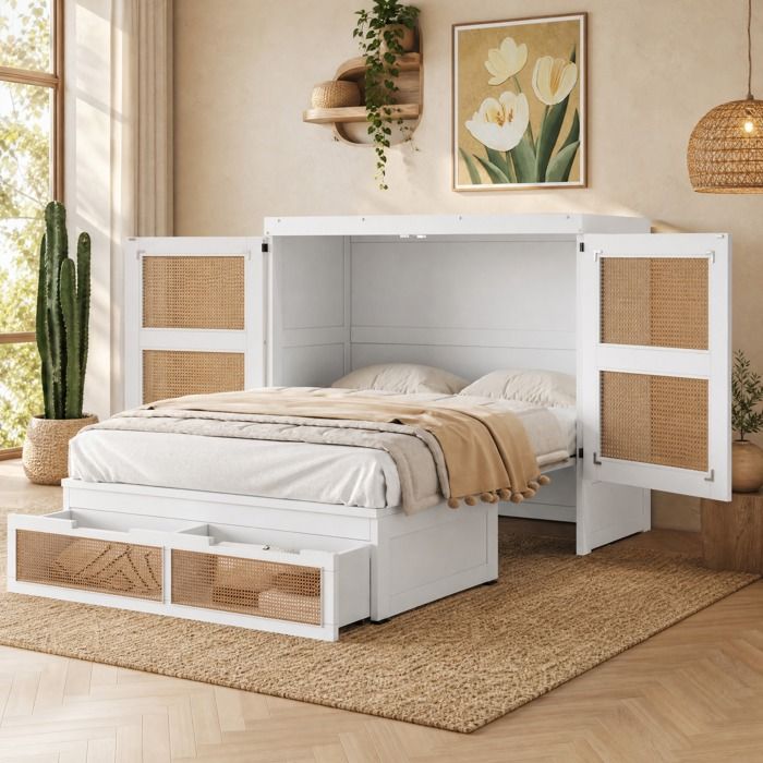 Lit escamotable - ZEVKOR - Double 140×200 cm vertical - Décor rotin - 2 tiroirs - Sommier inclus
