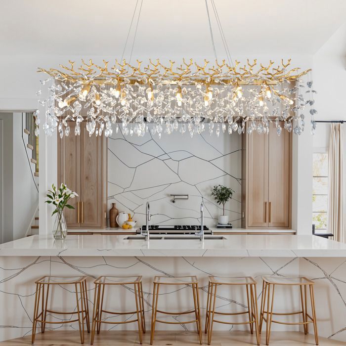 Lustre cristal K9 100% doré – L150 cm – rectangulaire à branches – 16 feux G9 – aluminium – îlot de cuisine salle à manger salon