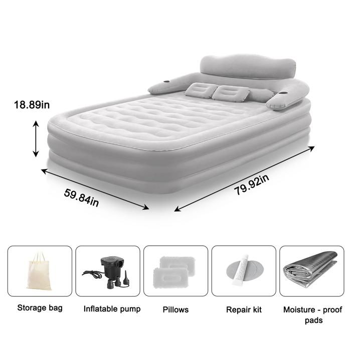 Matelas Gonflable Camping 2 Personnes PVC Épais Pompe Intégrée Automatique Gris 203x152x48cm