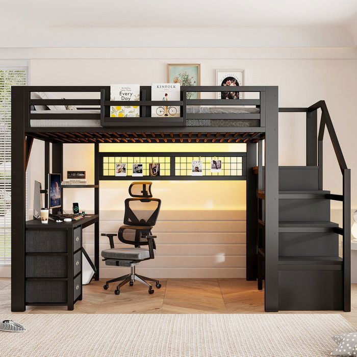 Lit mezzanine métal 140x200cm lit ado avec bureau 3 tiroirs penderie lit double avec éclairage LED et sommier à lattes-noir