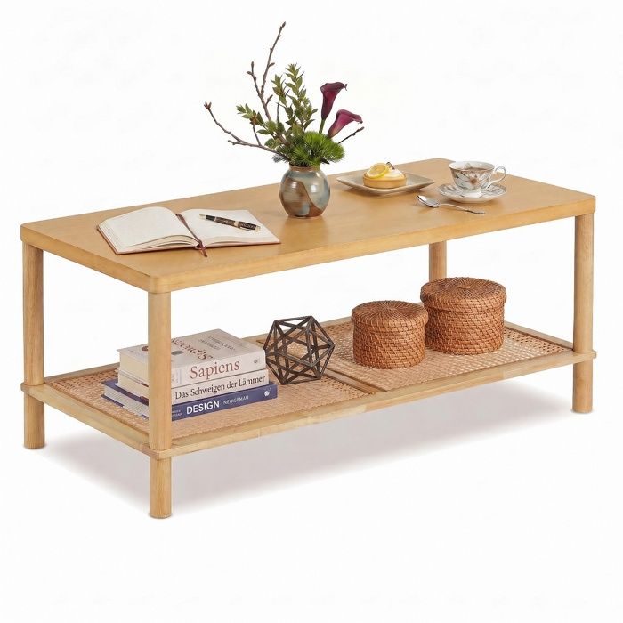 GIANTEX Table Basse Bohème à 2 Niveaux Rectangulaire avec Étagère en Rotin Cadre en Bois de Caoutchouc 100 X 52 X 45 CM Naturel